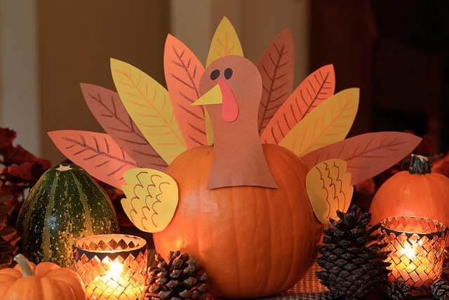 A Turkey Centerpiece Made Out of Pumpkin